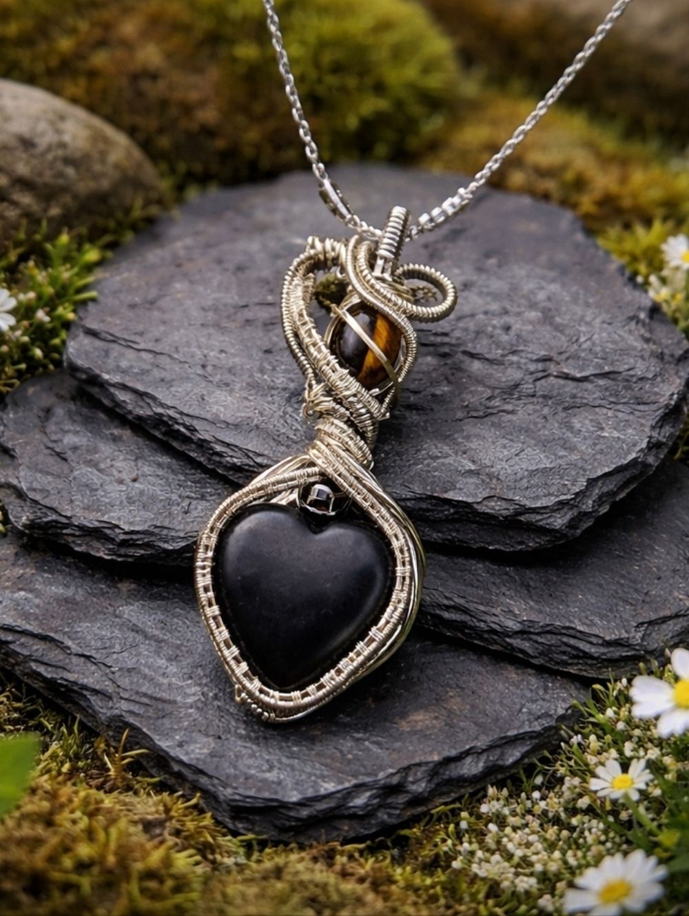 Silver Wire-Wrapped Shungite Heart Pendant Necklace With Tigers Eye